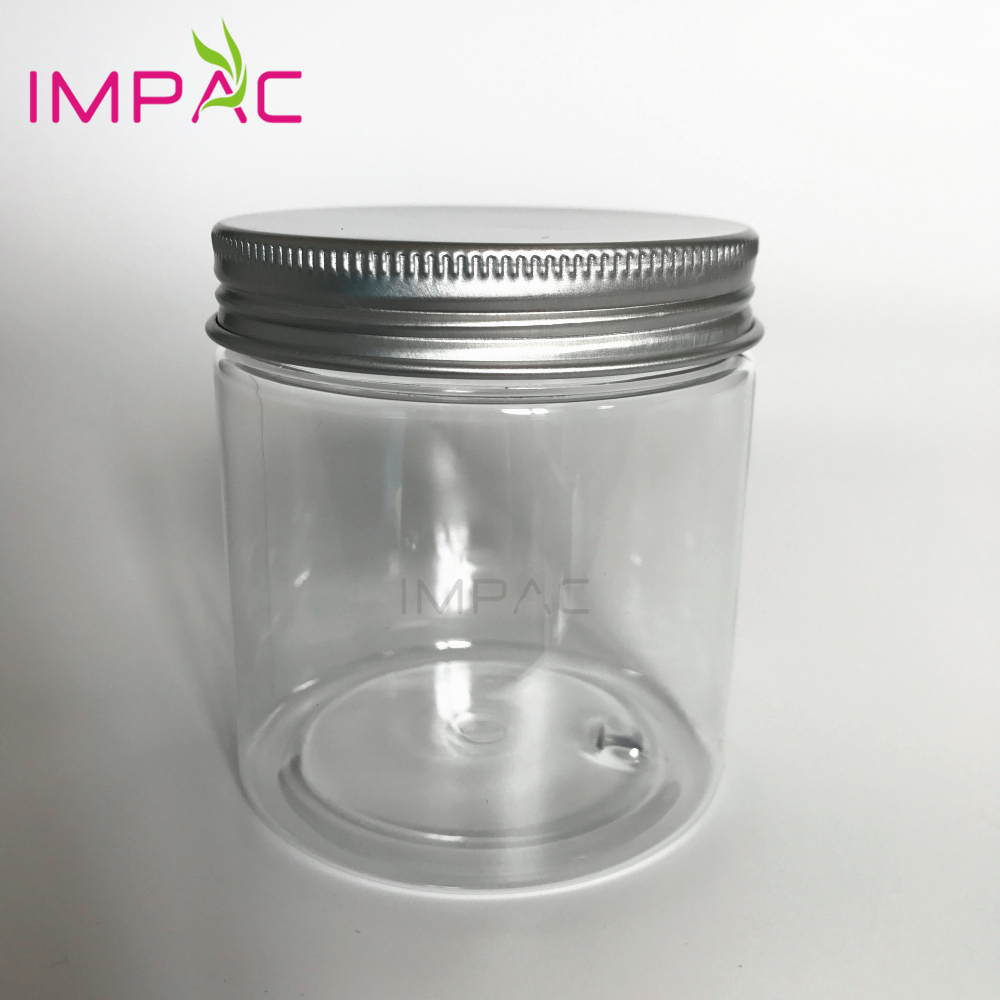 PET plastic clear 8oz cosmetic jars with aluminum lids