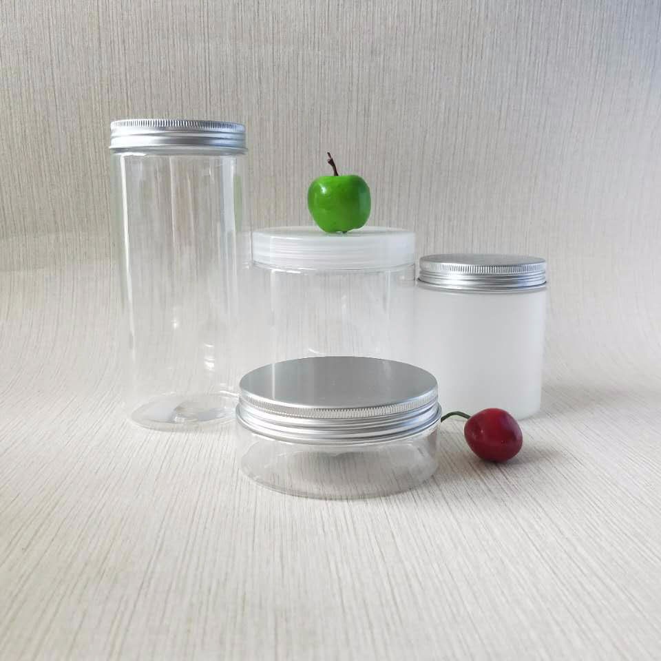 PET transparent food packaging decorative plastic jars with silver lids