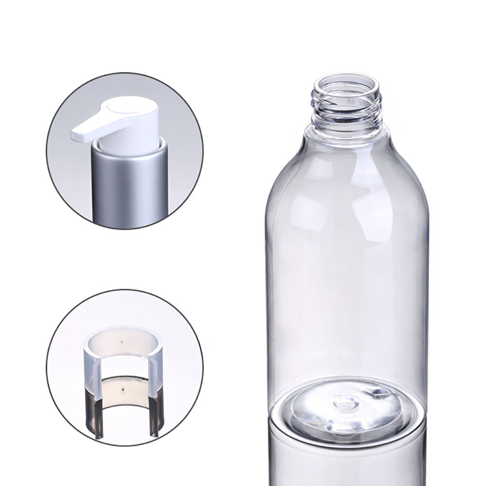 PET12 Plastic Clear Bottle, 200ml PET Bottle with Silver Collar and Lotion Pump Cap