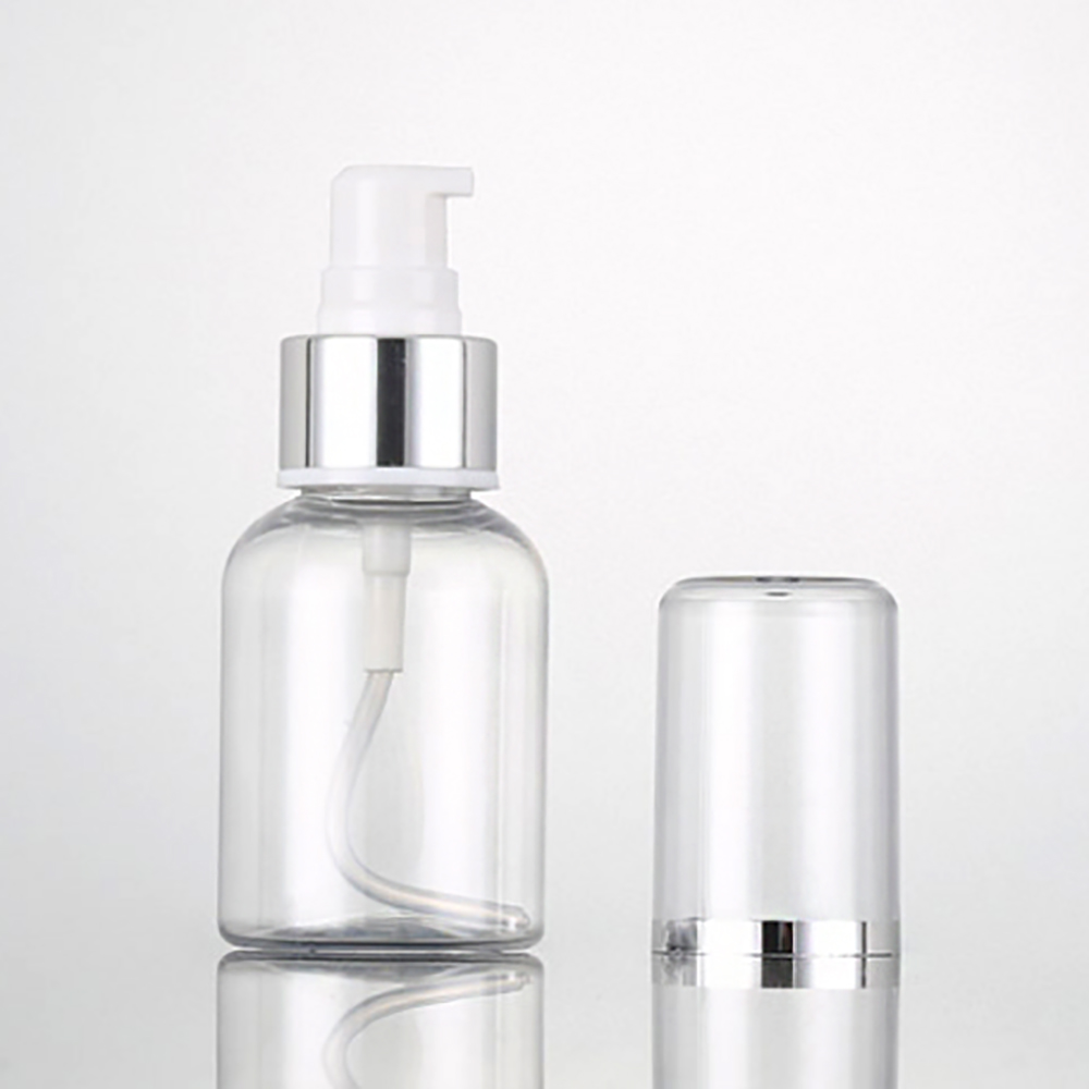 PET21 Clear Plastic Lotion Pump Bottle, 50ml 75ml 100ml 250ml with Silver Collar