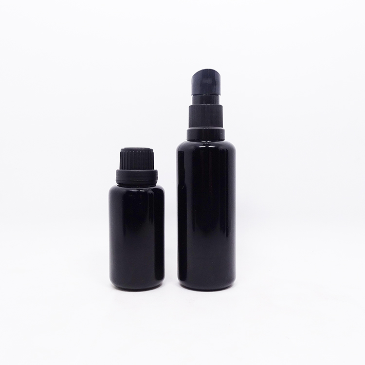 Packaging Black Ultra Violet Glass Pump Dropper Bottle w/ Temper Evident Glass