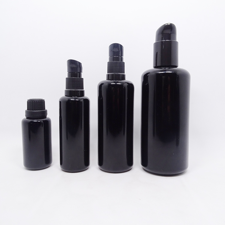 Packaging Black Ultra Violet Glass Pump Dropper Bottle w/ Temper Evident Glass