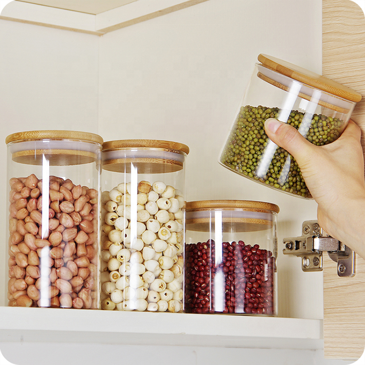 Pantry kitchen storage bottles glass canister with bamboo lid