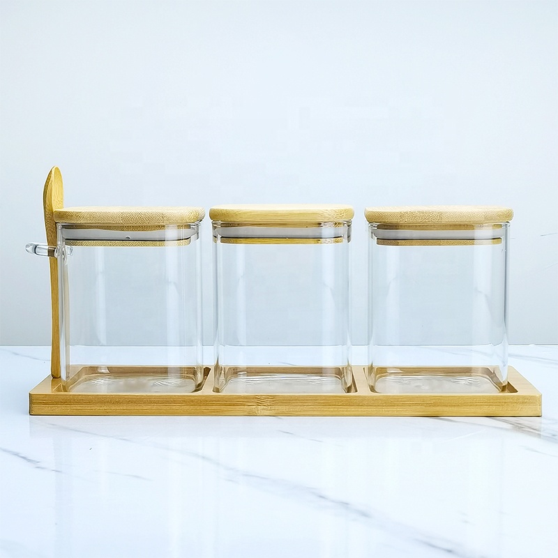 Pantry storage spice set hand blown glass jar set with wooden tray