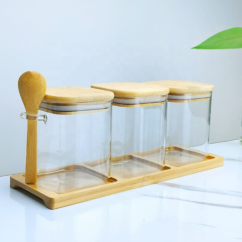 Pantry storage spice set hand blown glass jar set with wooden tray