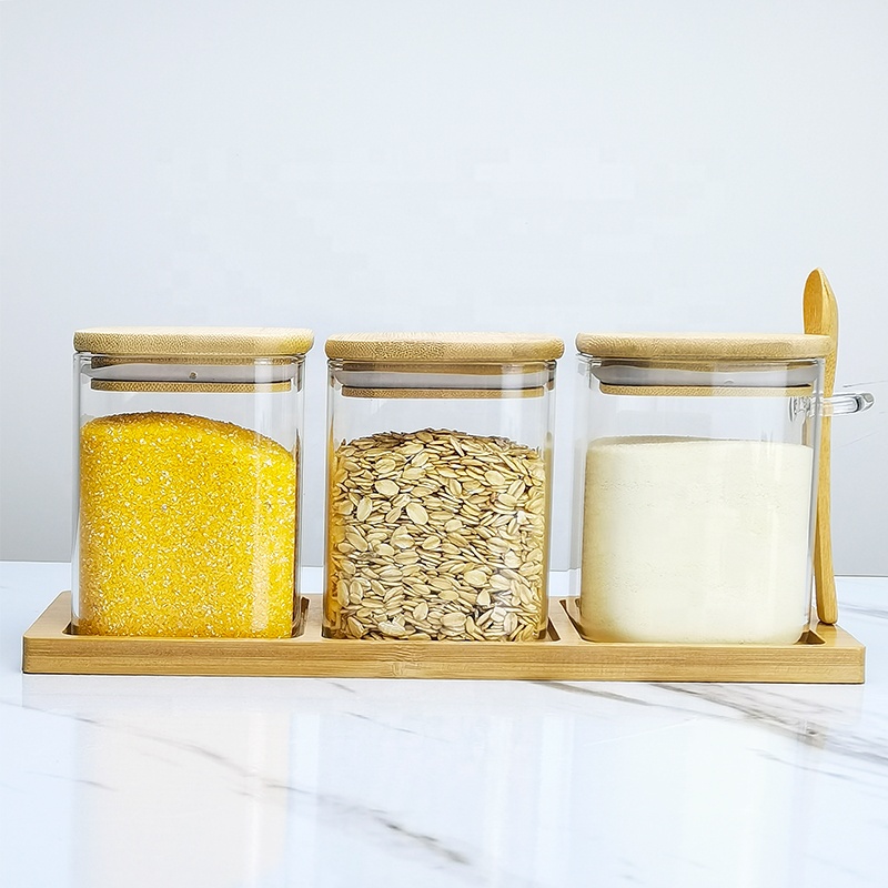Pantry storage spice set hand blown glass jar set with wooden tray