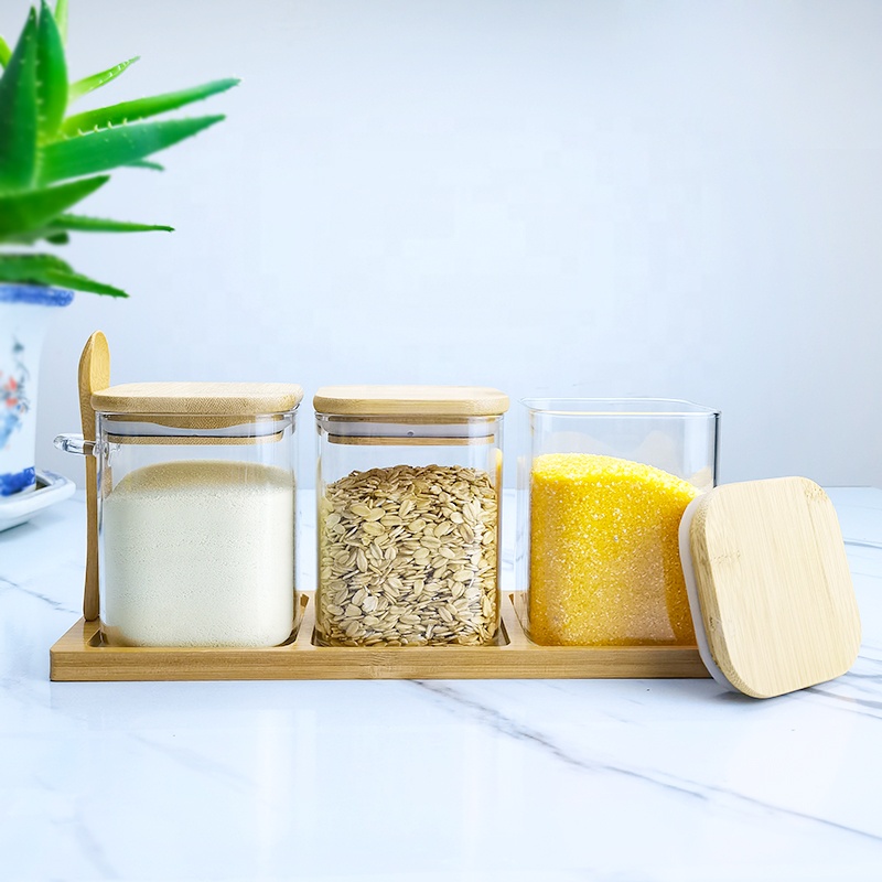 Pantry storage spice set hand blown glass jar set with wooden tray