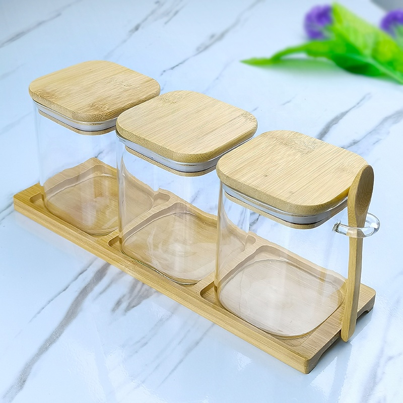Pantry storage spice set hand blown glass jar set with wooden tray
