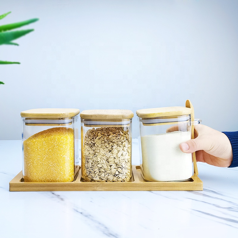 Pantry storage spice set hand blown glass jar set with wooden tray