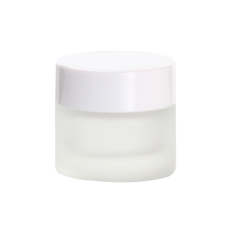 Pearl white glass cream jar with white black screw cap