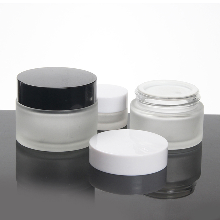 Pearl white glass cream jar with white black screw cap