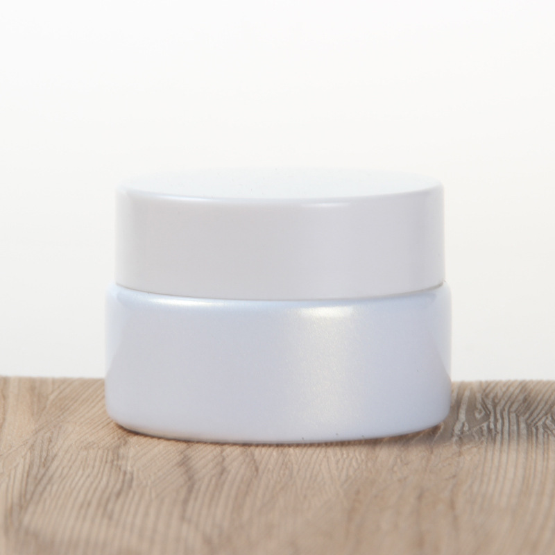 Pearl white glass cream jar with white black screw cap