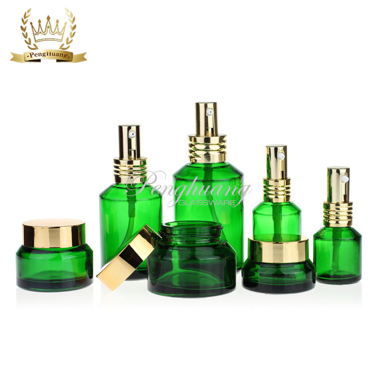 Penghuang Glass Cosmetic Bottle Set Unique Cosmetic Cream Packaging Bottle Amber Glass Jar With Lid