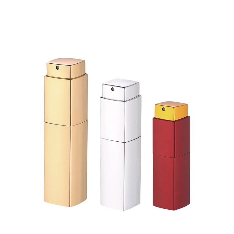 Perfume atomizer 10ml 20ml 35ml square white glass metal twist refill aluminium perfume mist spray bottle