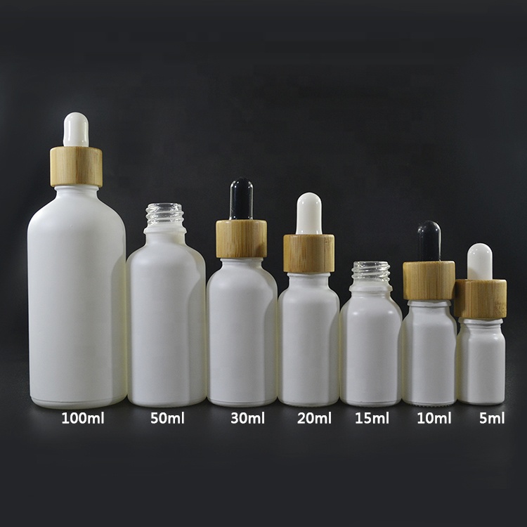 Perfume essential oil 5ml 10ml 15ml 20ml 30ml 50ml 100m frosted white glass bottle with bamboo white dropper