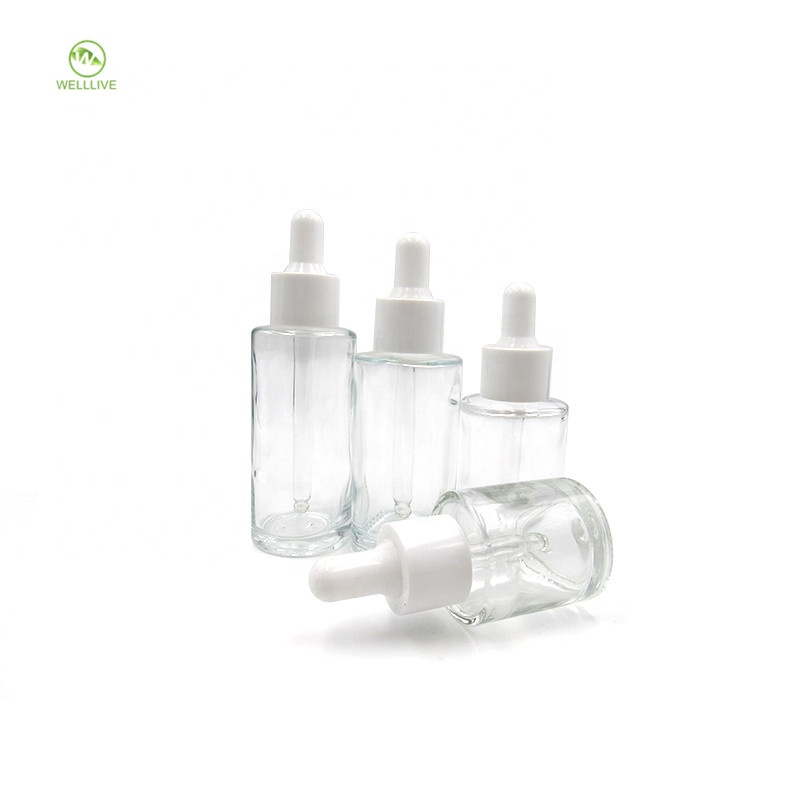 Personal care 1 oz 30ml flat shoulder clear amber glass dropper bottle for cosmetic packaging