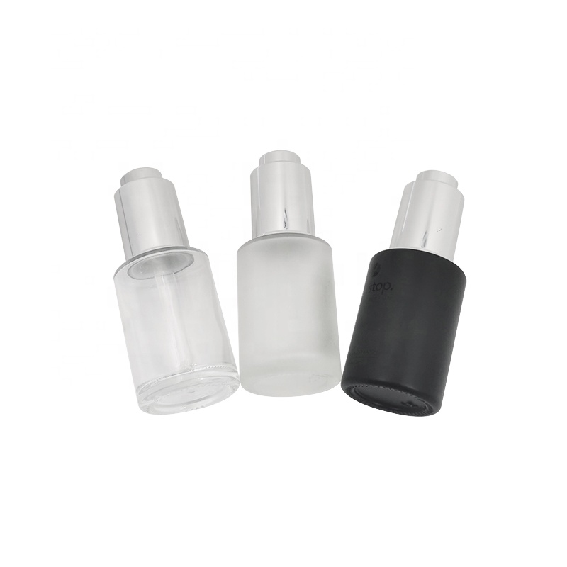 Personal care 1oz 30ml transparent frosted black cosmetic serum flat shoulder glass essential oil dropper bottle