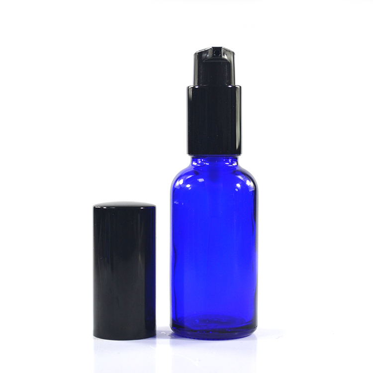 Personal care container 20ml 30ml 50ml amber green clear blue glass serum oil foundation bottle with aluminum lotion pump