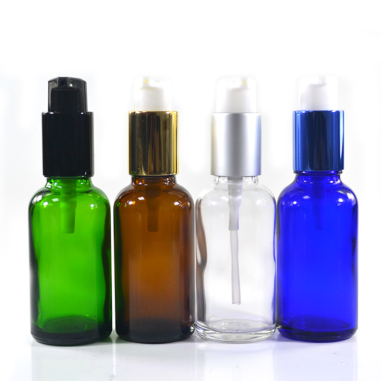 Personal care container 20ml 30ml 50ml amber green clear blue glass serum oil foundation bottle with aluminum lotion pump