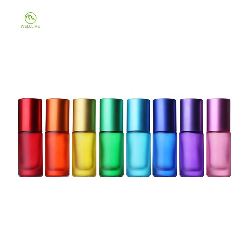 Personal care products 5ml 10ml rainbow frosted glass steel roll on bottle for skin care essential oil