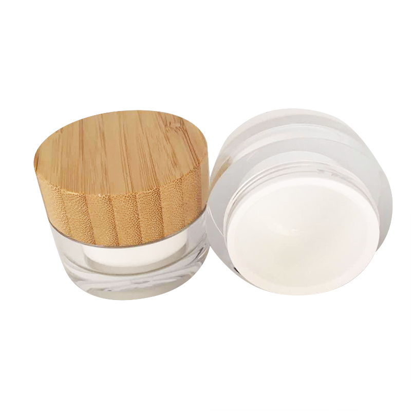 Personal skin care packing 15g 30g 50g 100g plastic cylinder container acrylic cream jars pot with bamboo wooden lid