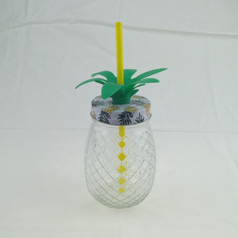 Pineapple shape clear glass mason jar with straw