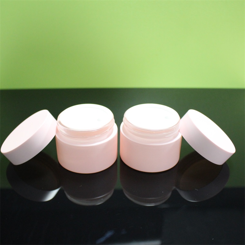 Pink Color Unique Cosmetics Packaging Set Glass Body Lotion Bottles Cream Jar With White Plastic Lid envase cosmetico vidrio