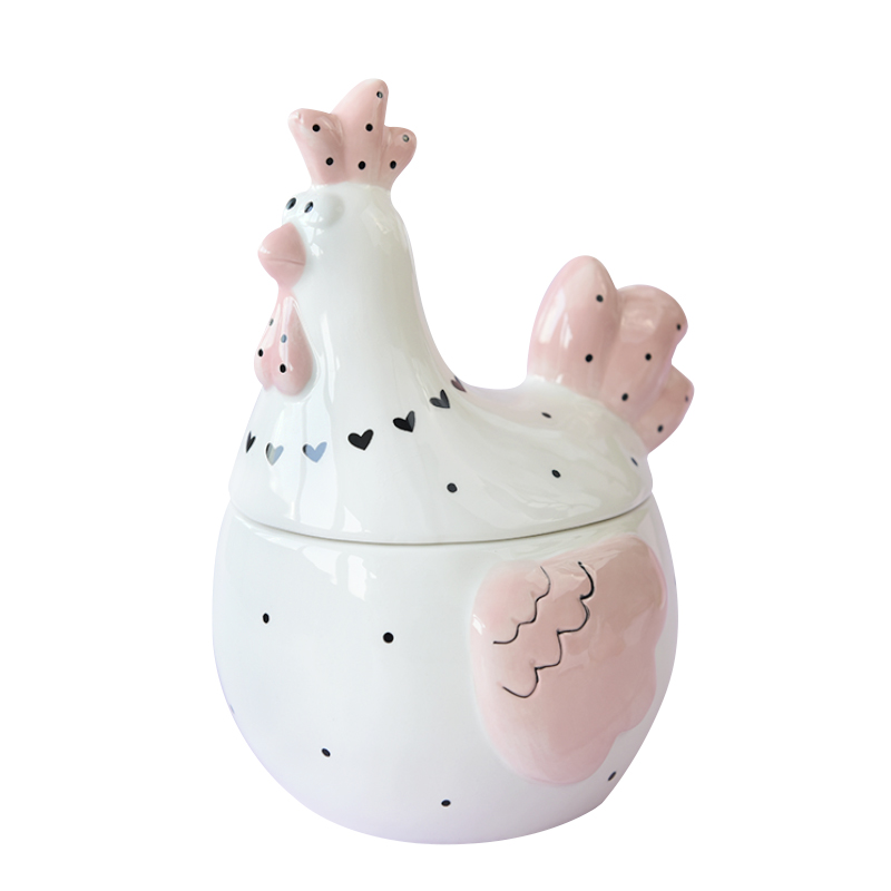 Pink Easter Rooster Hen Chicken Cookie Jar Ceramic Deco with Dot Heart