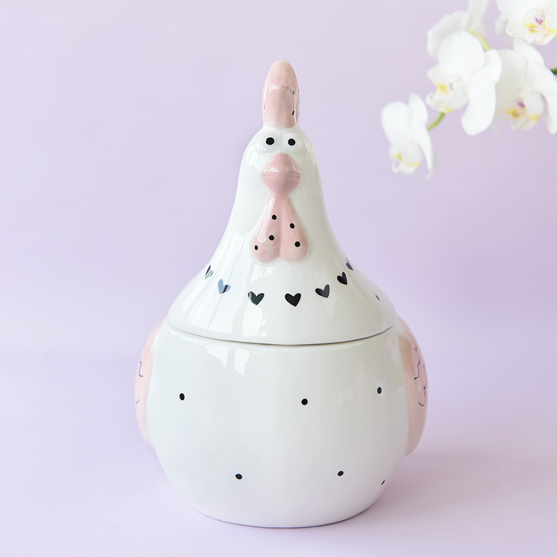Pink Easter Rooster Hen Chicken Cookie Jar Ceramic Deco with Dot Heart