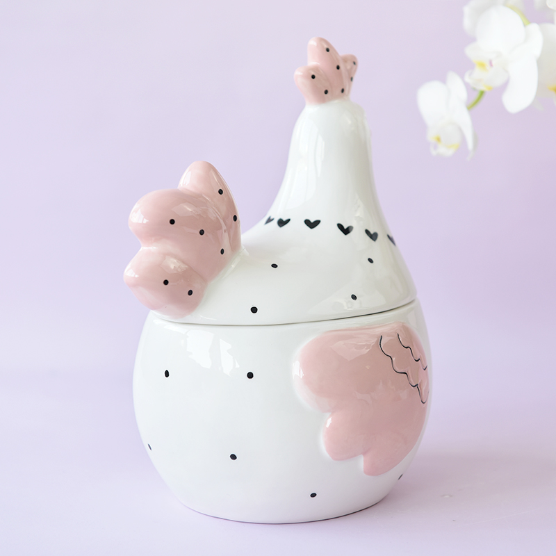 Pink Easter Rooster Hen Chicken Cookie Jar Ceramic Deco with Dot Heart