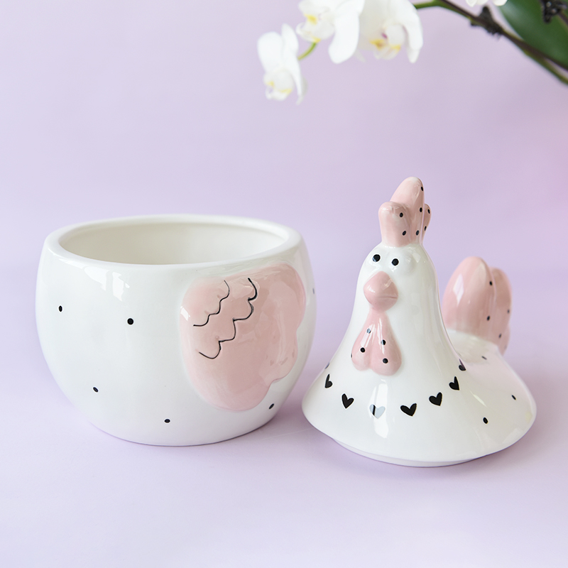 Pink Easter Rooster Hen Chicken Cookie Jar Ceramic Deco with Dot Heart