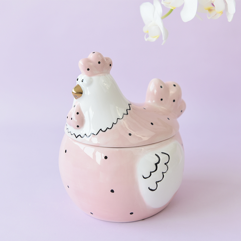 Pink Easter Rooster Hen Chicken Cookie Jar Ceramic Deco with Dot Heart