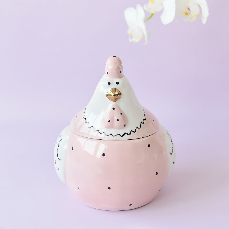Pink Easter Rooster Hen Chicken Cookie Jar Ceramic Deco with Dot Heart