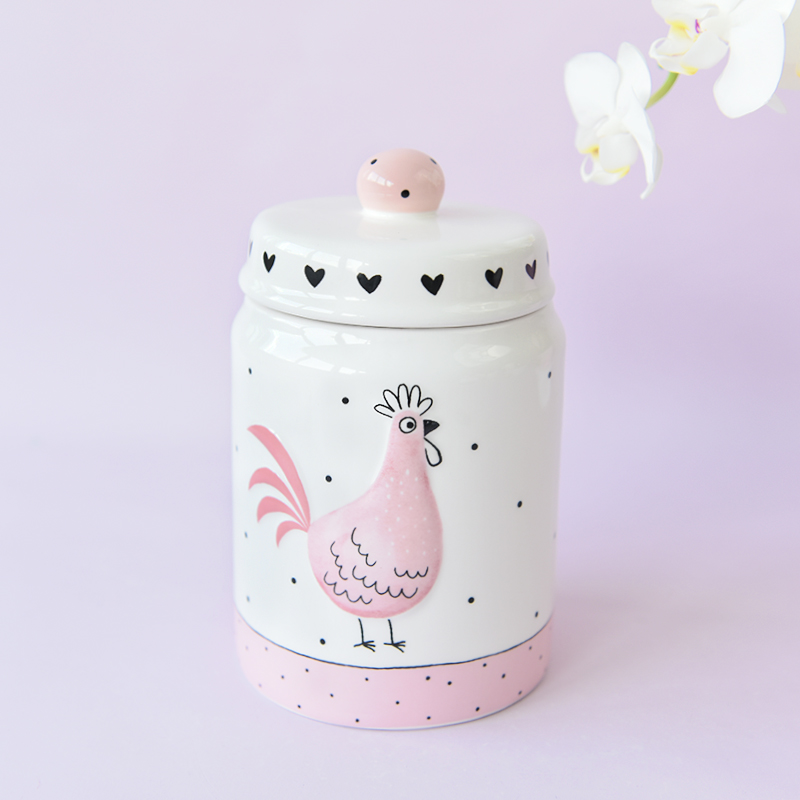Pink Easter Rooster Hen Chicken Treat Cookie Jar S M Ceramic Deco with Dot Heart