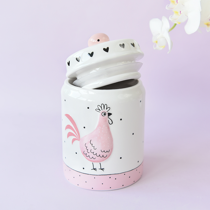 Pink Easter Rooster Hen Chicken Treat Cookie Jar S M Ceramic Deco with Dot Heart