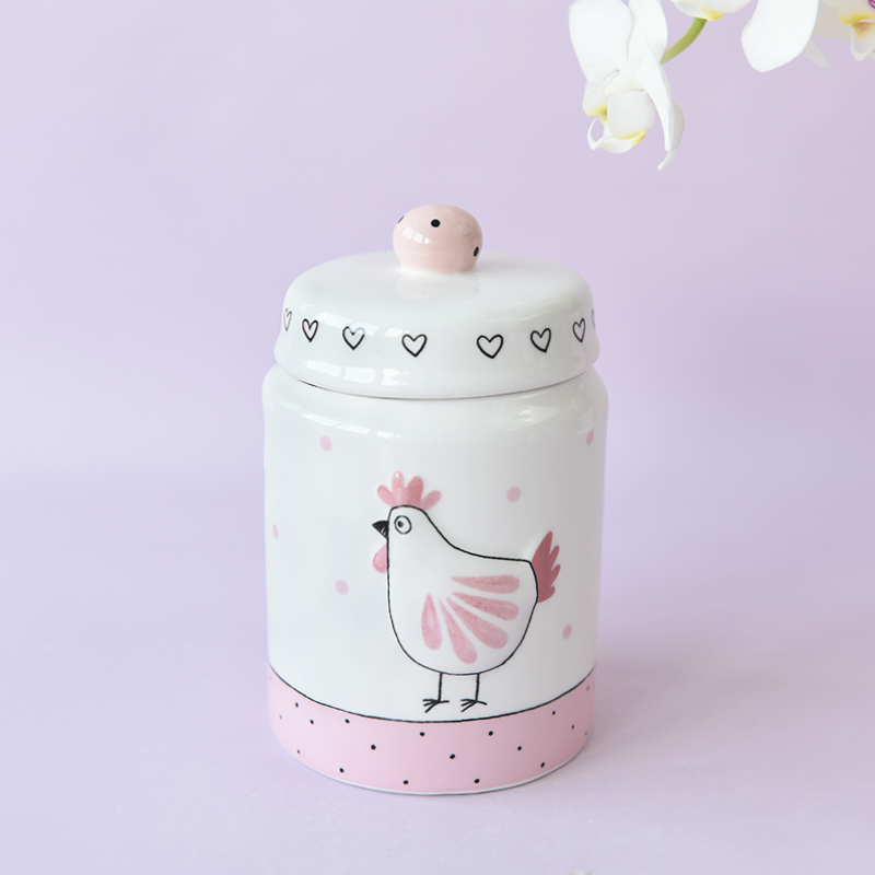 Pink Easter Rooster Hen Chicken Treat Cookie Jar S M Ceramic Deco with Dot Heart
