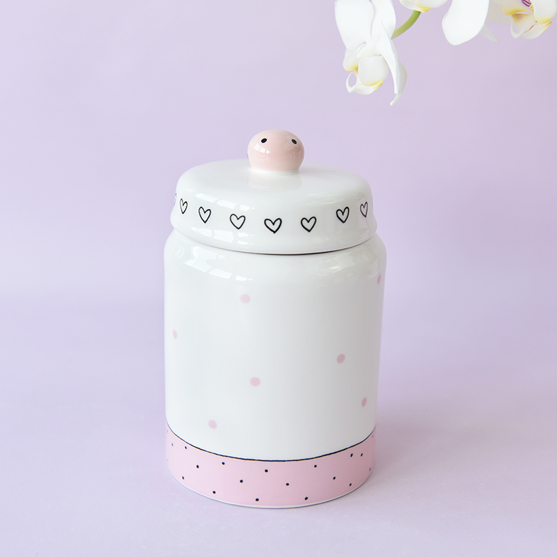 Pink Easter Rooster Hen Chicken Treat Cookie Jar S M Ceramic Deco with Dot Heart
