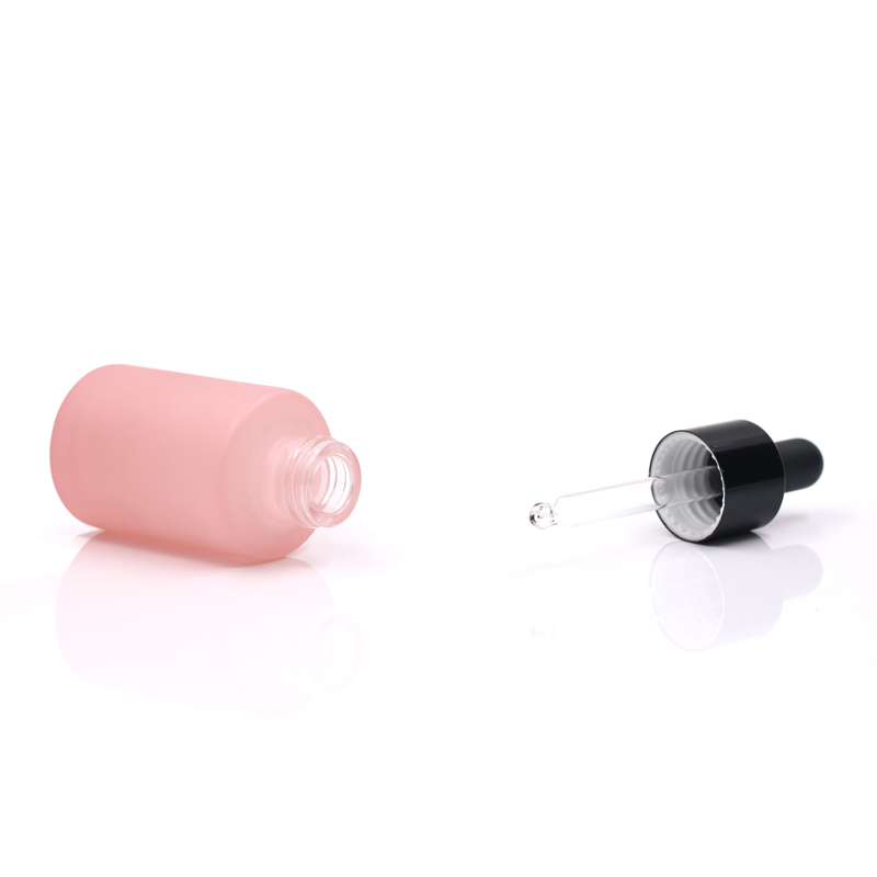 Pink color frosted cosmetic glass jar bottle for serum and face cream