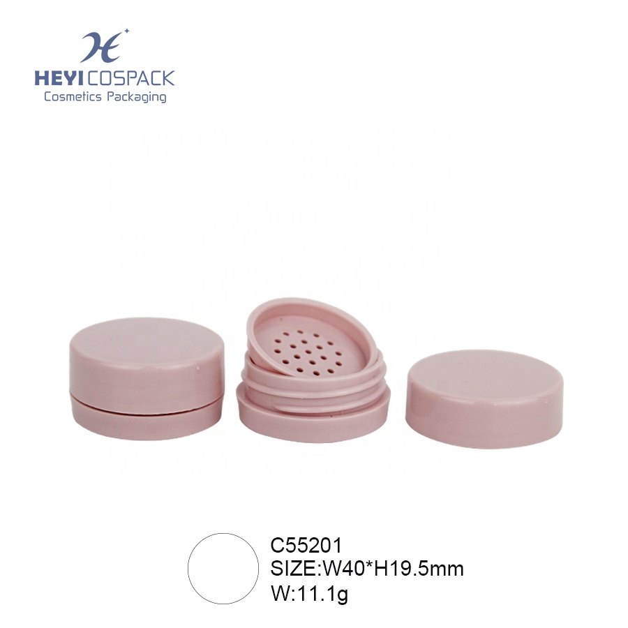 Pink unique round shape empty mini plastic cosmetic makeup packaging loose powder container with sifter