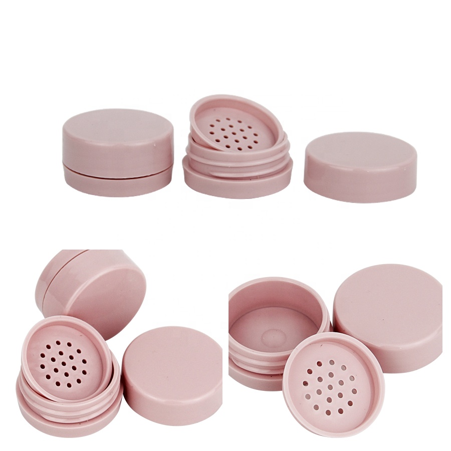 Pink unique round shape empty mini plastic cosmetic makeup packaging loose powder container with sifter