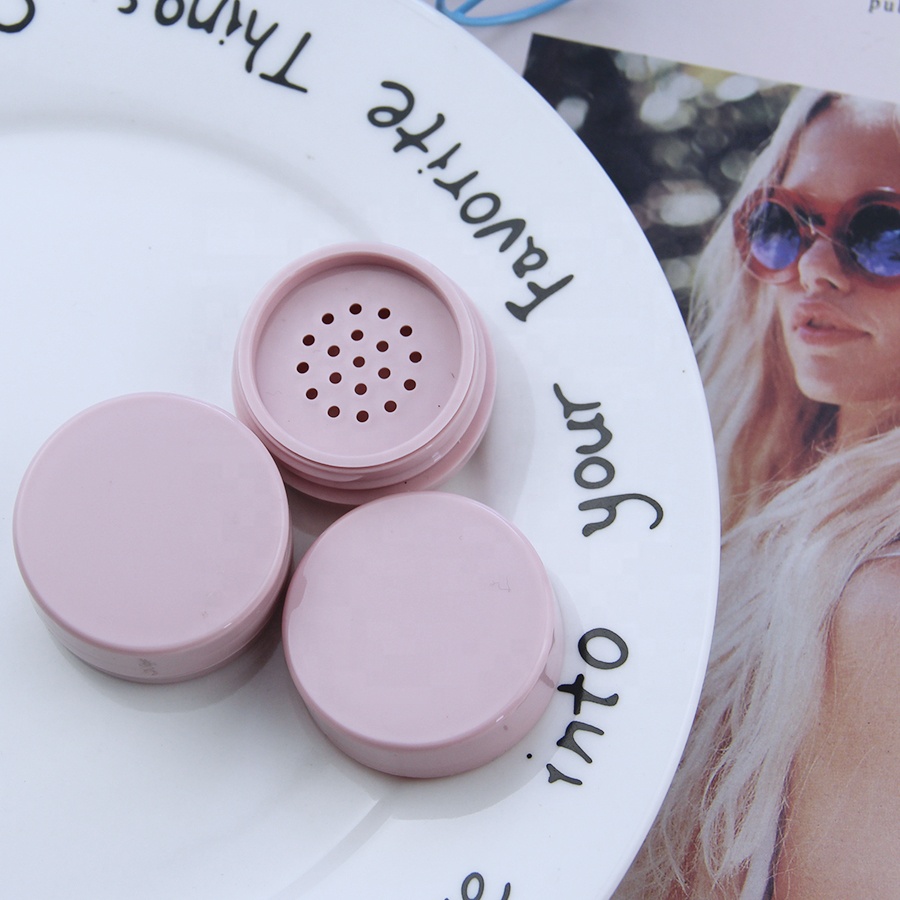 Pink unique round shape empty mini plastic cosmetic makeup packaging loose powder container with sifter