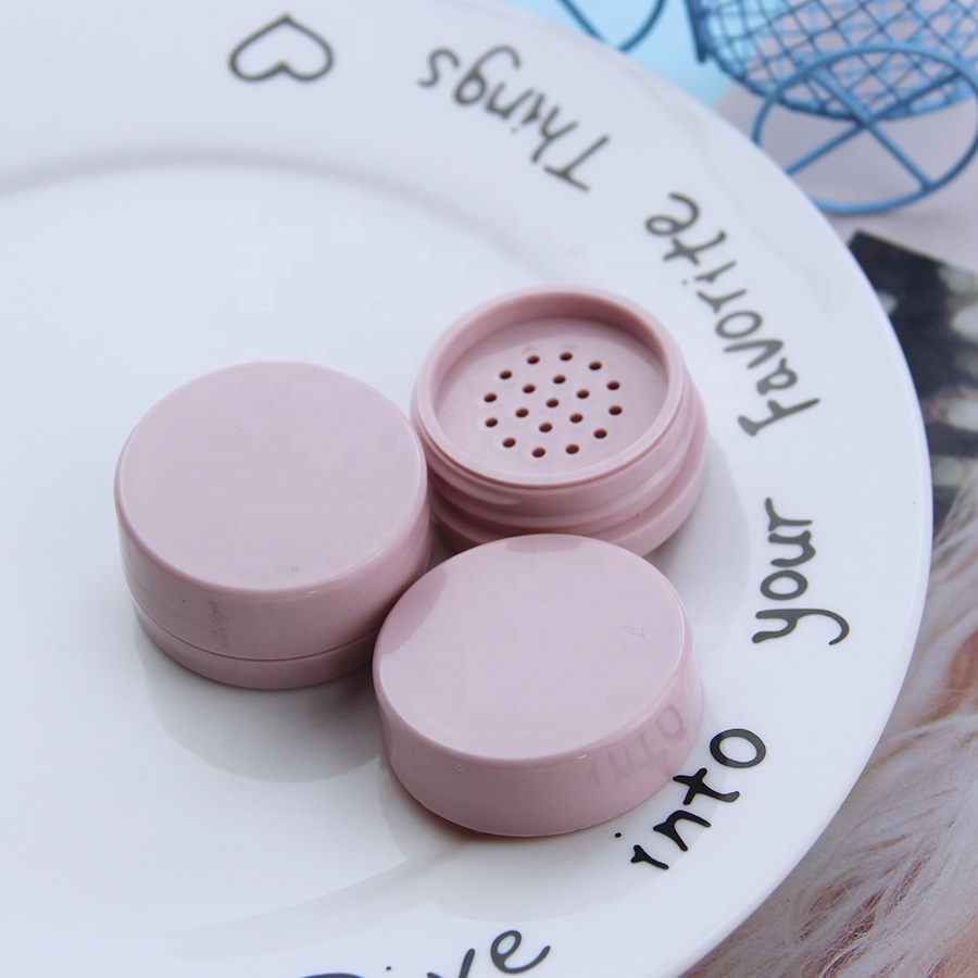 Pink unique round shape empty mini plastic cosmetic makeup packaging loose powder container with sifter
