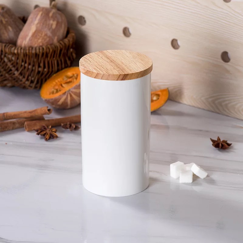 Plain White Ceramic Container Storage Porcelain Container Kitchen Canister Food Storage Jar with Airtight Bamboo Lid Cookie Jar