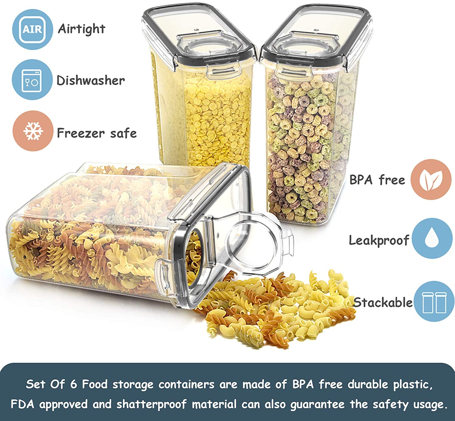 Plastic Cereal Container 4L Airtight Food Storage Container Set Of 6 With Lids For Grains Dry Food Kitchen Pantry Organization
