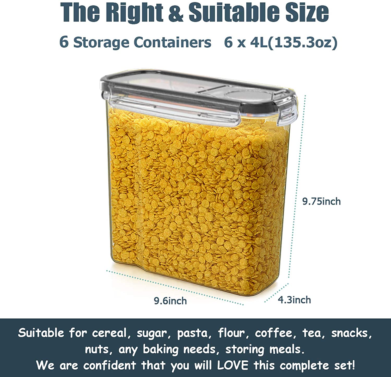 Plastic Cereal Container 4L Airtight Food Storage Container Set Of 6 With Lids For Grains Dry Food Kitchen Pantry Organization