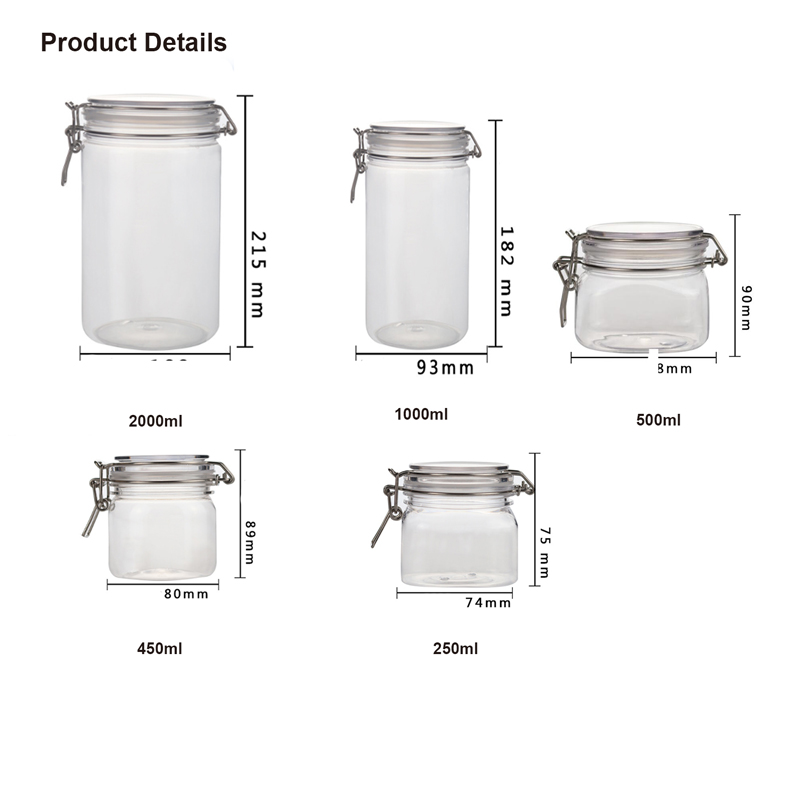 Plastic Container 250ml 220ml 450ml 1000ml 2000ml air seal PET Plastic Kilner jar with Metal lock