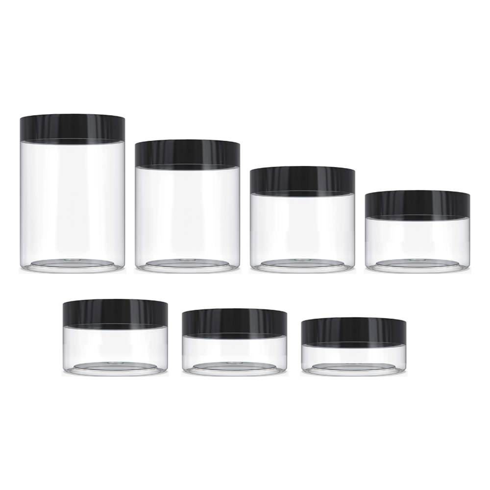 Plastic Jars Clear PET Straight Sided Jars with Black Smooth Caps 50g 80g 100g 120g 150g 180g 200g 250g 300g 400g 500g
