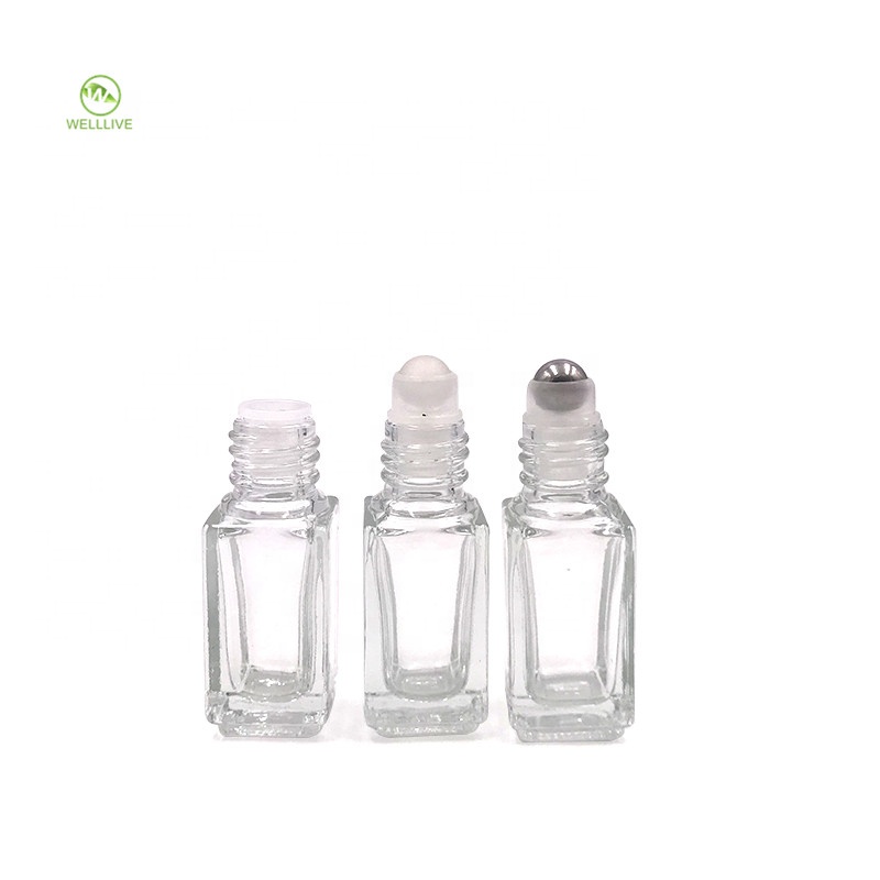 Plastic aluminum screw lid 3ml mini clear rectangular glass roll on bottle for attar essential oil packaging