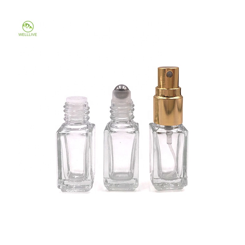 Plastic aluminum screw lid 3ml mini clear rectangular glass roll on bottle for attar essential oil packaging