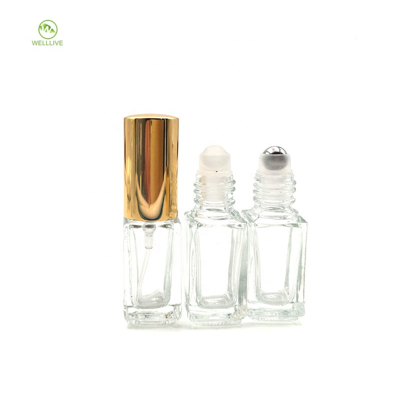 Plastic aluminum screw lid 3ml mini clear rectangular glass roll on bottle for attar essential oil packaging